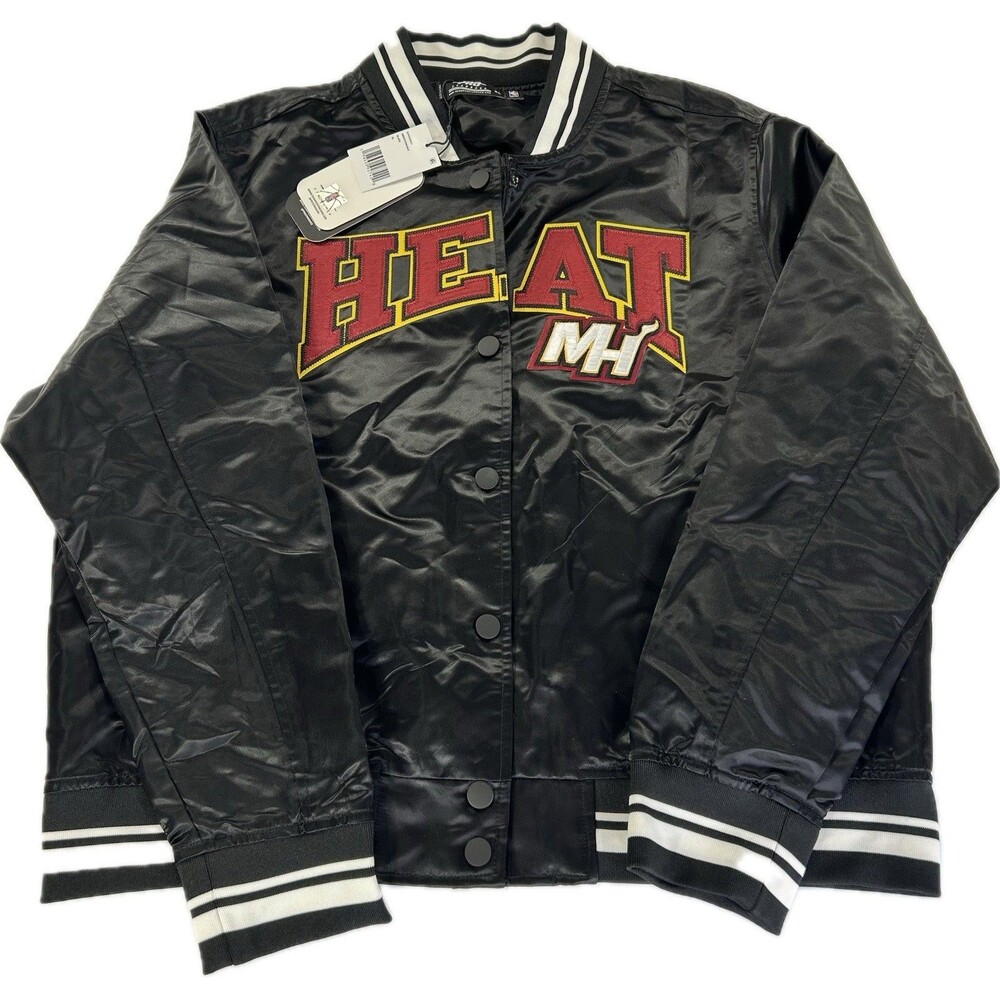 Pro Standard Miami Heat NBA Mash Up Black Satin Varsity Bomber Jacket Unisex XL